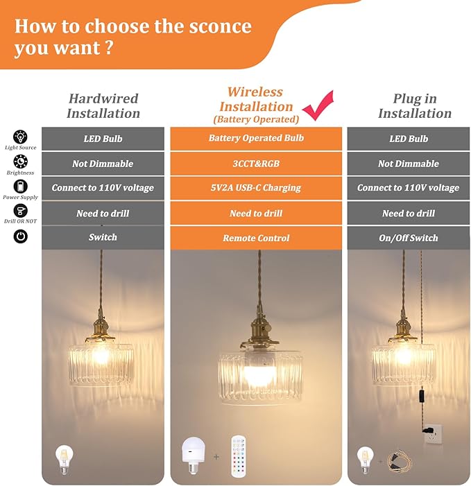 Battery Operated Pendant Light 5000mAh Rechargeable Chandelier with Remote Control Wireless Adjustable Hanging Clear Striped Light for Kitchen Island Dining Room Hallway, 2 Pack