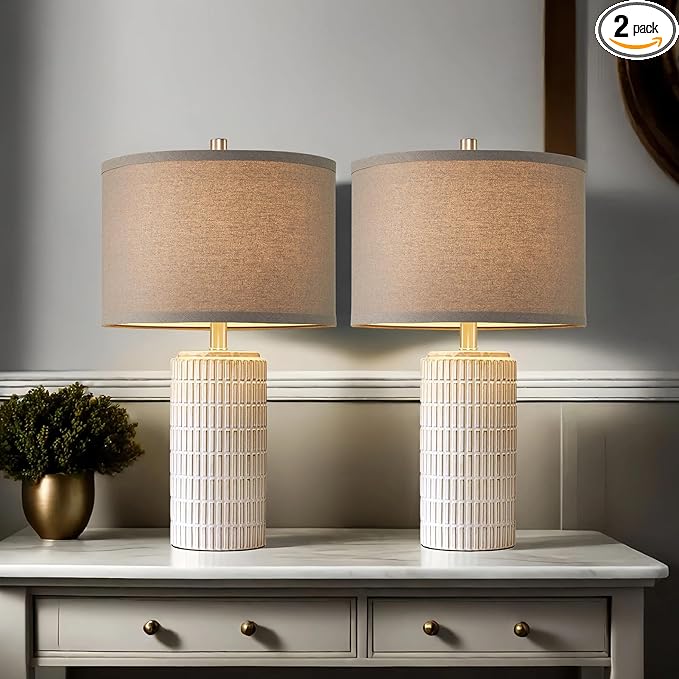 23" Set of 2 Ceramic Table Lamps, Farmhouse Bedside Lamp for Bedroom Living Room Nightstand Entryway, Side Table Lamps Modern Desk Lamp, 2 LED Bulbs Included (Gray)