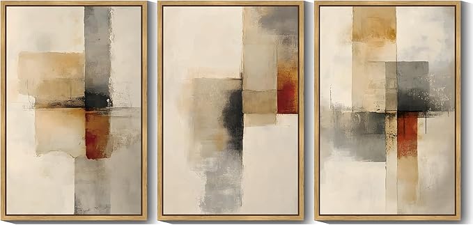 KUVIOKE Framed Abstract Wall Art Minimalist Beige Gray Red Pastel Watercolor Wall Decor Modern Neutral Art Print Home Decor 24x36in (Natural Framed)
