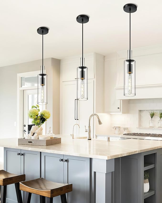 AUTELO 3-Pack Pendant Lights, Black Pendant Lights Kitchen Island, Modern Pendant Light Fixtures with Clear Cylinder Glass, Kitchen Pendant Lighting Over Island, H3875 BK-3PK