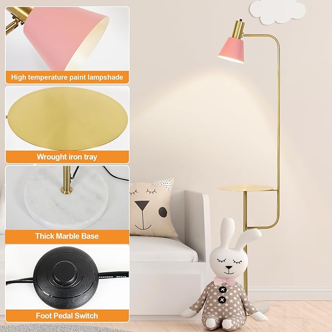 Hsyile Contemporary Modern Creative Floor Lamp with a Table,Suitable for Living Room,Den,Office,Bedroom - Standing Lamp Tall Floor Lamp - Brushed Brass Finish and Pink Lampshade