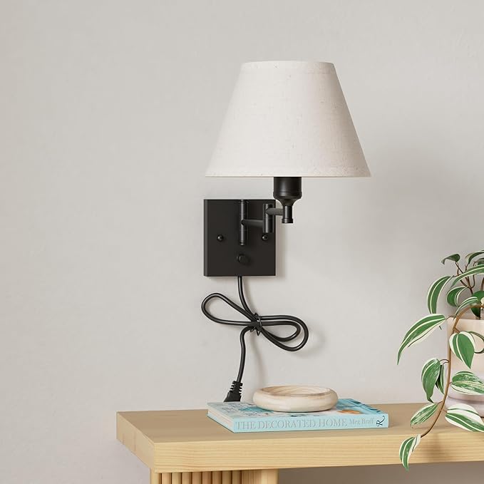 TRLIFE Wall Sconce with Remote Control, Dimming 10%-100% and Adjustable Color Temperature 2700K-6500K Swing Arm Wall Lights with Plug in Cord, 9.4" Medium Beige Fabric Shade(2 Pack, 2 Bulbs Included)