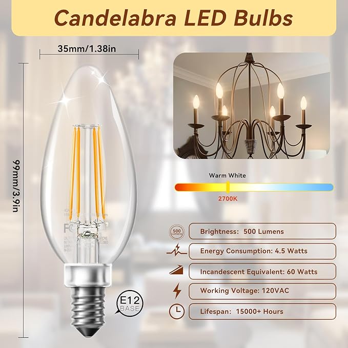 TJOY LED Candelabra Bulbs Dimmable, 60W Equivalent Chandelier Light Bulb, E12 Small Base, 4.5W 2700K Soft Warm White, B11 Vintage Filament Clear Glass Candle Light for Ceiling Fan Chandeliers, 24Pack
