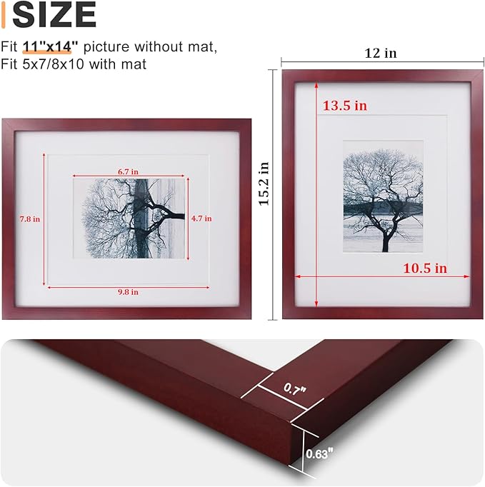 Egofine 11x14 Picture Frames 4 Pack Display Pictures 5x7/8x10 with Mat or 11x14 Without Mat Made of Solid Wood Covered by Plexiglass for Table Top Display and Wall Mounting Photo Frame, Cherry Red