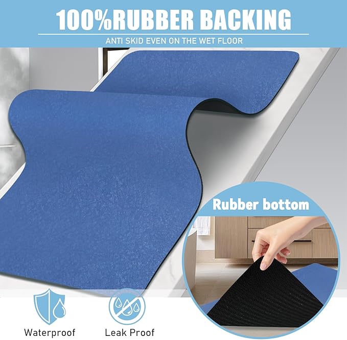 Extra Long Bathroom Rugs Diatomaceous Earth Bath mat Super Absorbent Quick Dry Non Slip Bath Mat Thin Runner Rug Fit Under Door-Shower Rug for in Front of Bathtub Shower, Blue, 23.6"x47.2"