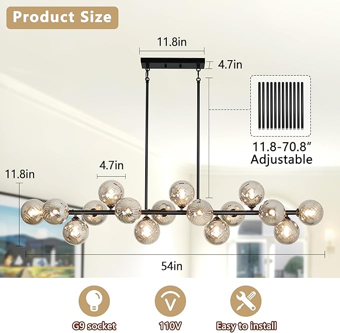Dining Room Light Fixture 16-Light Farmhouse Chandeliers for Dining Room Large Chandelier Linear Sputnik Chandelier Smoke Gray Swirled Globe Glass Bubble Black Modern Pendant Lights Kitchen Island