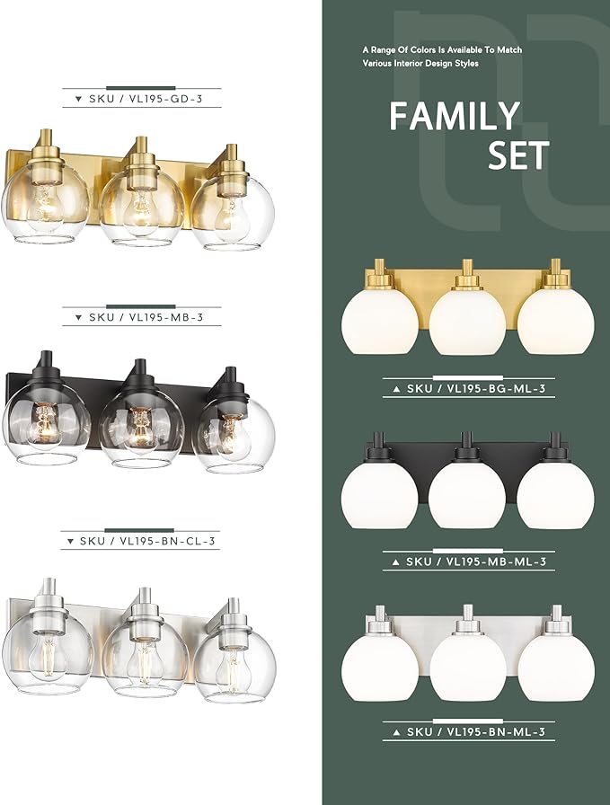 Bathroom Light Fixtures, 3-Light Brushed Gold Vanity Light, Modern Wall Sconces with Milk White Globe Glass Shade, Vanity Lighting Fixtures Over Mirror, VL195-BG-ML-3