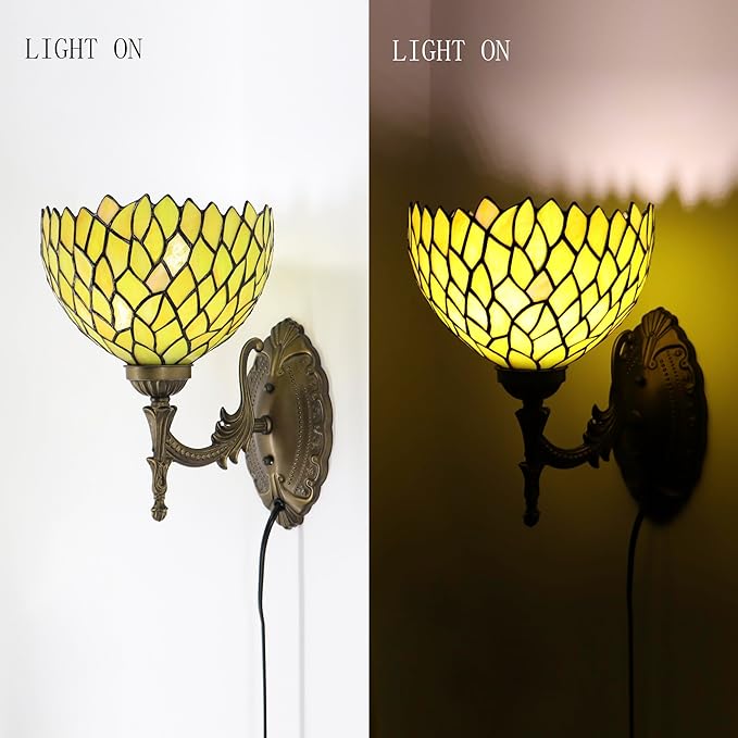 Tiffany Sconce Lamp Stained Glass Wall Lamp,8X10.5X11 Inch Plug in Wall Bedside Light for Hallway Bedroom (Yellow Wisteria)