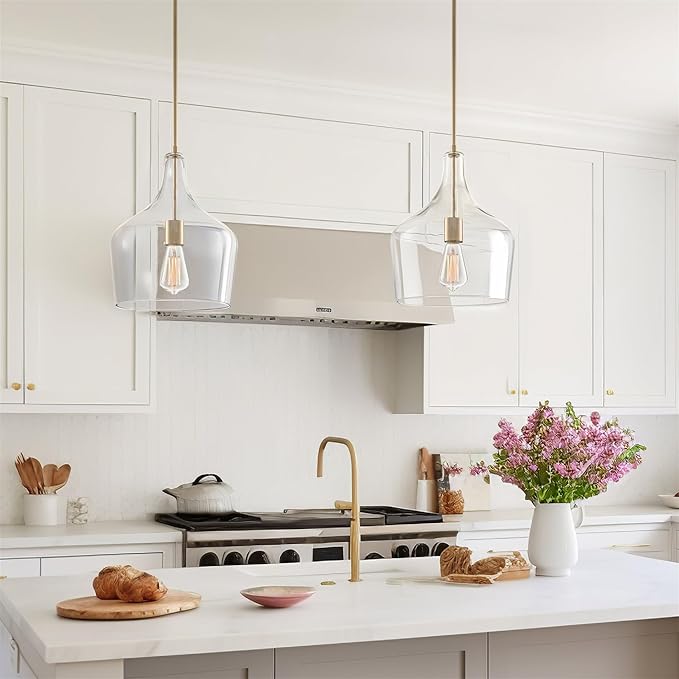 Kira Home Lucy 16" Modern Pendant Light + Clear Glass Vase Shade, Adjustable Hanging Height, Cool Brass Finish