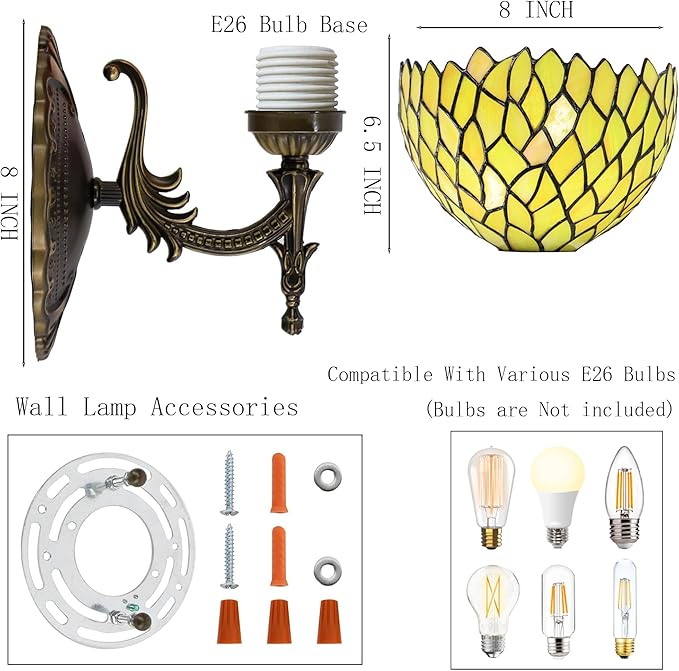 Tiffany Sconce Lamp Stained Glass Wall Lamp,8X10.5X11 Inch Plug in Wall Bedside Light for Hallway Bedroom (Yellow Wisteria)
