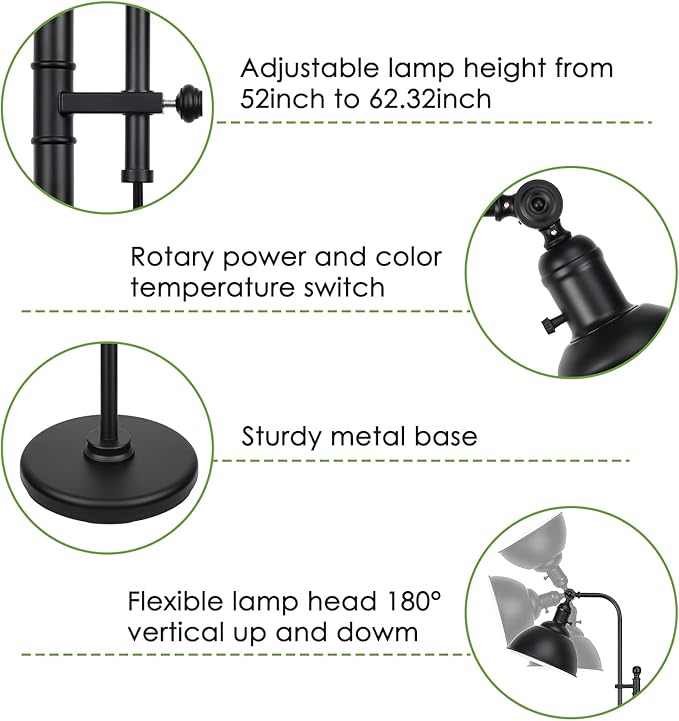 Industrial Floor Lamp, 3 Color Temperature Rustic Lamps in Aged Bronze, Adjustable Height & Head Standing Reading Lights for Bedroom
