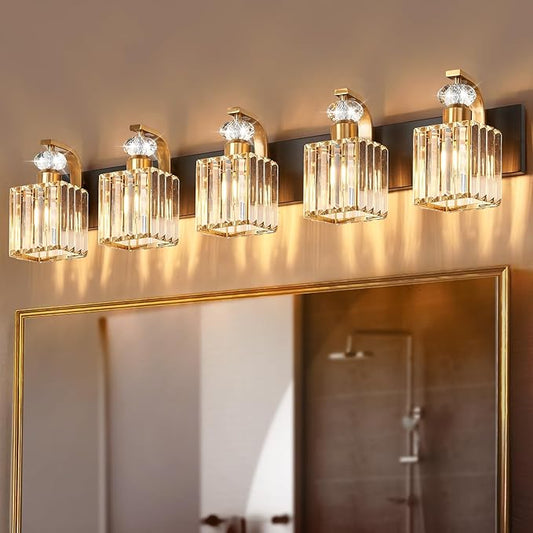 Modern Bathroom Vanity Light, 5-Light Black Gold Bathroom Lighting Fixtures Over Mirror, 36.3" Crystal Wall Light Sconce for Bathroom/Bedroom/Vanity, Includes LED Bulbs, Easy Installation
