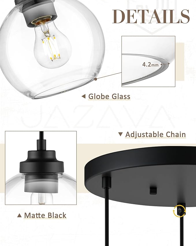 3-Light Black Pendant Light Fixture, Globe Cluster Hanging Light, Kitchen Island Lighting with Clear Glass for Dining Room Living Room Laundry Entrance Foyer, ZCPL101BK-3C