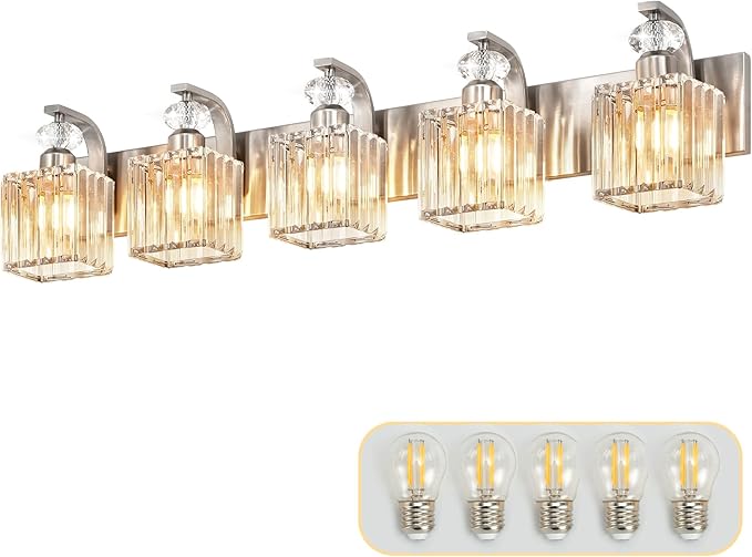 Modern Bathroom Vanity Light, 5-Light Nickel Bathroom Lighting Fixtures Over Mirror, 36.3" Crystal Wall Light Sconce for Bathroom/Bedroom/Vanity, Includes LED Bulbs, Easy Installation