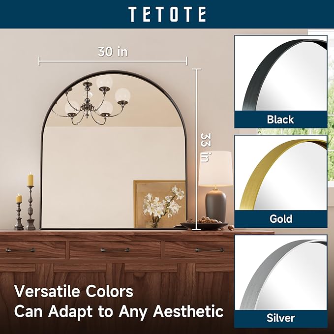 TETOTE Black Arched Mirror for Bathroom, 30 x 33 Matte Black Metal Framed Arch Mirror, Tempered Glass Wall Mounted Decorative Mirror for Eclectic Home Decor