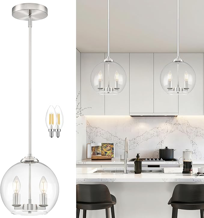 10" Globe Pendant Lights Kitchen Island Glass Globe Pendant Light Fixture Bedroom Mid Century Modern Pendant Lighting Nickel Pendant Light for Kitchen Island Dinning Room (Bulb Incl.)