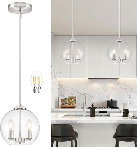 10" Globe Pendant Lights Kitchen Island Glass Globe Pendant Light Fixture Bedroom Mid Century Modern Pendant Lighting Nickel Pendant Light for Kitchen Island Dinning Room (Bulb Incl.)