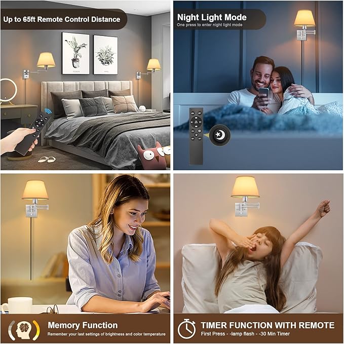 TRLIFE Wall Sconces Plug in, Remote Control Dimmable Wall Sconce and Adjustable Color Temperature 2700K-6500K, Swing Arm Wall Lights with Plug in Cord, 9.4" Medium White Fabric Shade(2 Pack, 2 Bulbs)