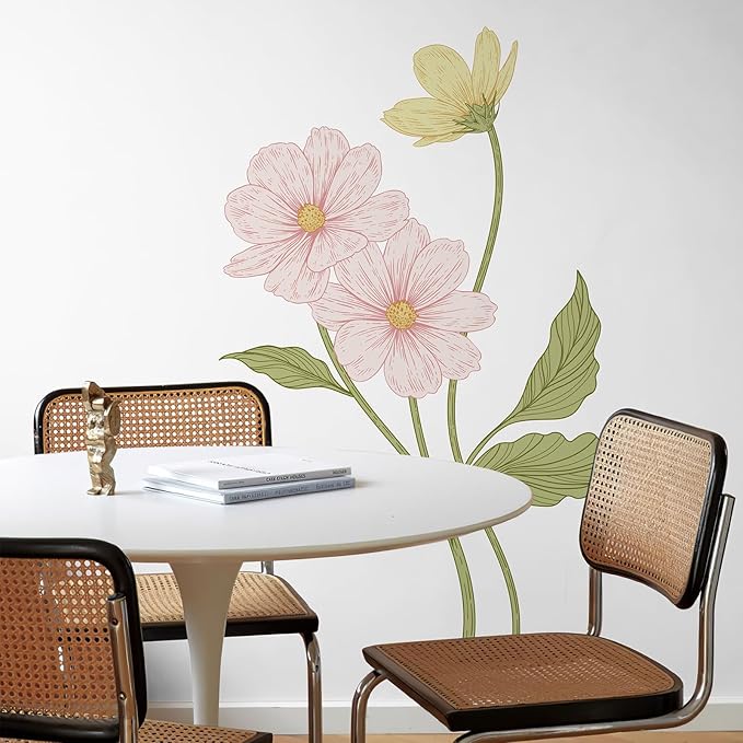 Large Flower Wall Decals 61" H x 31.1" W Peel and Stick Yellow Pink Daisy Wall Sticker Boho Floral Decal for Door Decorative Vinyl Wall Art Mural for Bedroom Living Room Classroom Office