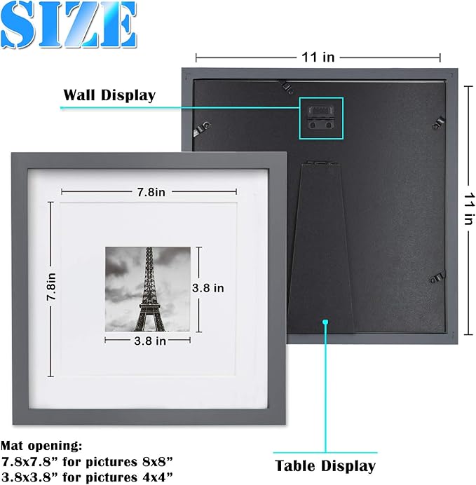 Egofine 11x11 Grey Picture Frames 4 Pack Display Pictures 4x4/8x8 with Mat or 11x11 Without Mat Made of Solid Wood for Table Top Display and Wall Mounting Photo Frame, Dark Grey