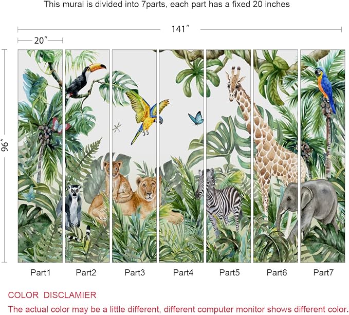 Safari Wallpaper for Children with Animals Jungle Wall Mural Watercolor Animals Nursery Wallpaper Kids Room Decor(Not Peel n' Stick)