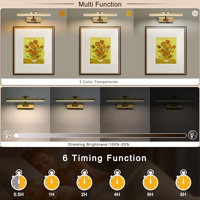 Picture Light with Remote 3 Colors Wireless Art Lights for Paintings,Rotatable Wall Sconce Rechargeable Battery Powered Painting Light,Dimmable Light Over Picture Frame for Gallery,Brass 11.6 inch