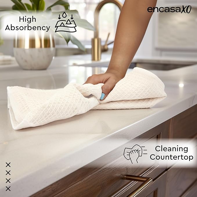 Encasa XO Kitchen Dish Towels Set | Solid Off White | Waffle Weave and Flat Hand Tea Towel | 28"x18" | Quick Drying Reusable Cotton Washcloths | Multipurpose Lightweight Dishcloths Set of 4