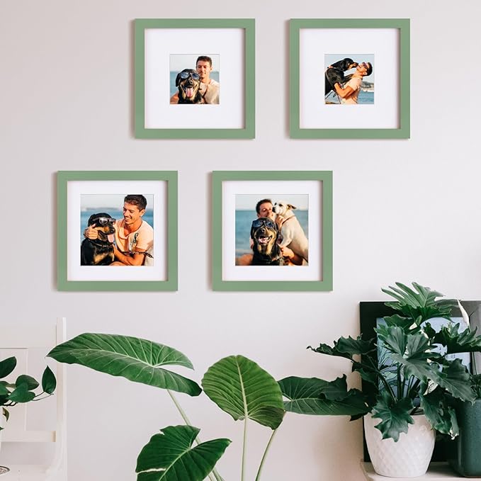 Egofine 8x8 Picture Frames 4PCS, Made of Solid Wood Covered by Plexiglass Display 4x4/6x6 with Mat or 8x8 without Mat, for Table Top Display and Wall Mounting Photo Frame, Green