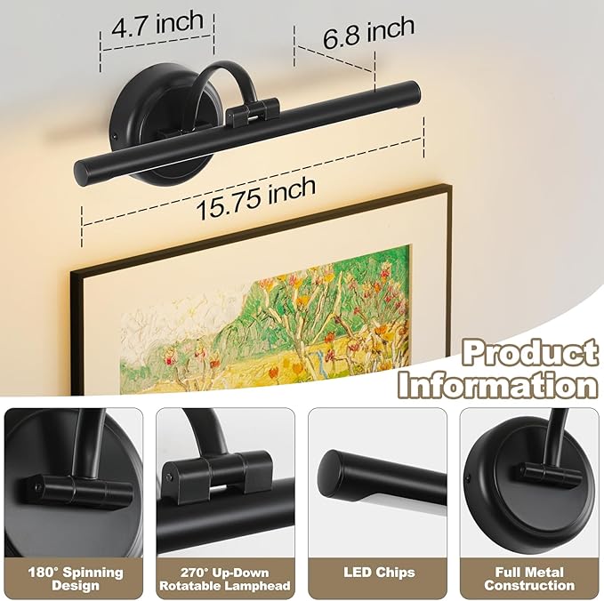 Black Picture Lights for Paintings Hardwired LED Wall Art Lighting 15.75" Dimmable Full Metal Gallery Light Modern Portrait Artwork Picture Frame Light with Single Swing Arm, 9W, 2700K, Warm White