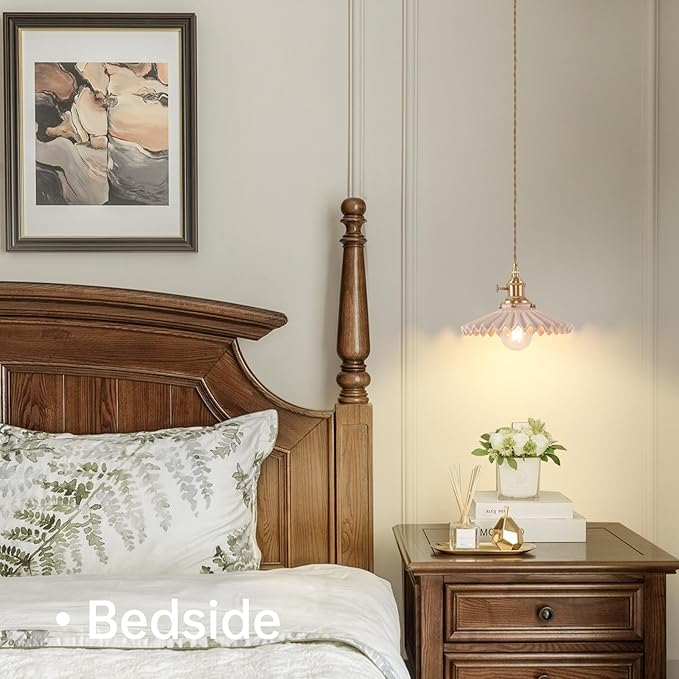 Pendant Light with Pink Pleated Ceramic Lmapshade, Brass Vintage Pendant Light Adjustable Hanging Light for Kitchen Island Dining Room Hallway