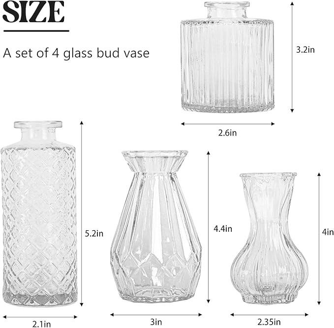 Set of 4 Glass Bud Vase Set, Small Vintage Clear Flower Vase Centerpieces for Table Bulk Cute Rustic Style Mini Vase for Home Decor Wedding Baby Shower Birthday Party