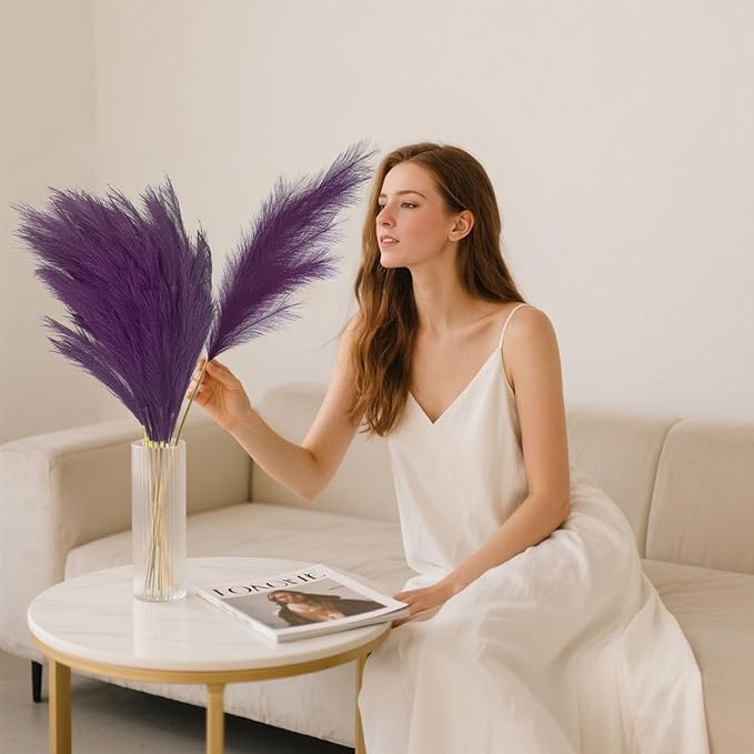 8 Pcs Deep Purple Tall Faux Pampas Grass Decor, 45 Inches Artificial Pampas Grass Bulk, Large Faux Pompas Dried Decor for Floor Vase Filler, Home Boho, Wedding Anniversaries, Baby Shower Decoration