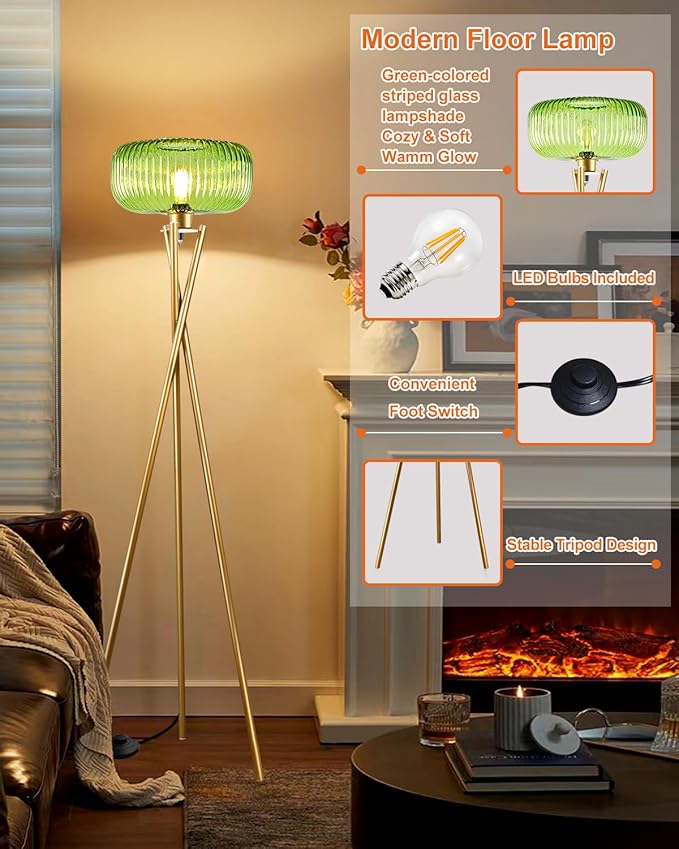 Lightdot Glass Tripod Floor Lamp for Living Room, Modern Gold Standing Lamp with Green Ribbed Glass Lampshade, Arc Tall Lamp for Bedroom Office Reading Room, (LED Bulb Included)