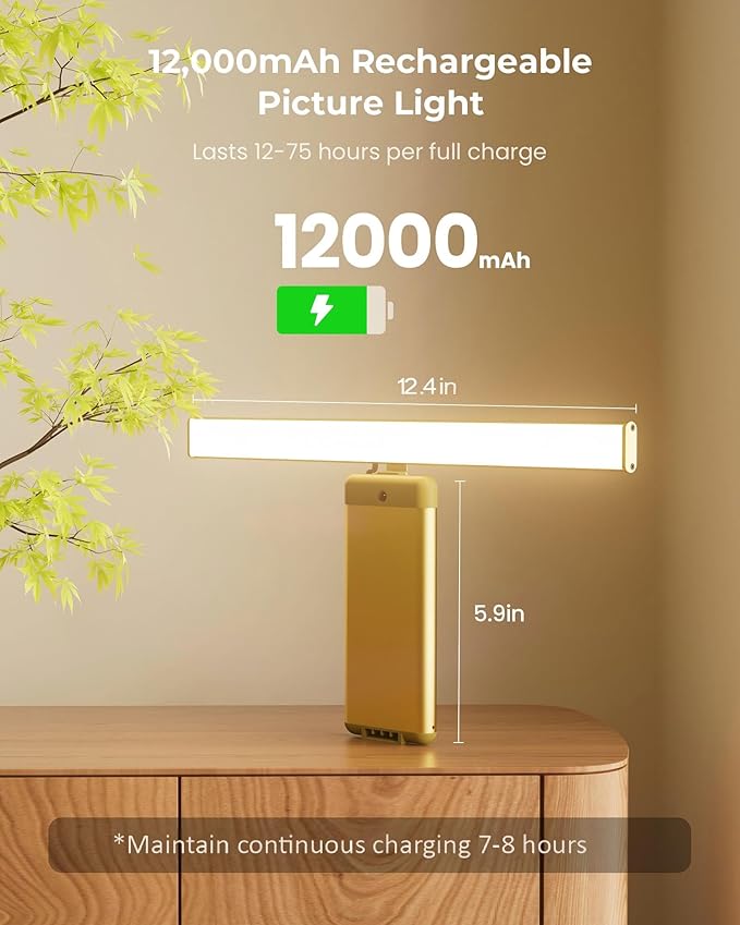 Rechargeable 12000mAh Picture Light for Wall with Remote, 3 Color Temps, Dimmable, Timer, for Gallery Poster Frame Painting Photo Art Display (Gold, 1 Pack)