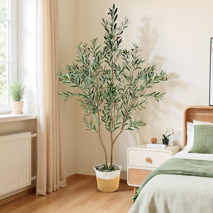 kockuu Olive Trees Artificial Indoor with LED Light, 6FT Tall Faux Olive Tree Plant with Basket and Natural Wood Branches & Fruits, Fake Tree Planter for Living Room Home Office Decor