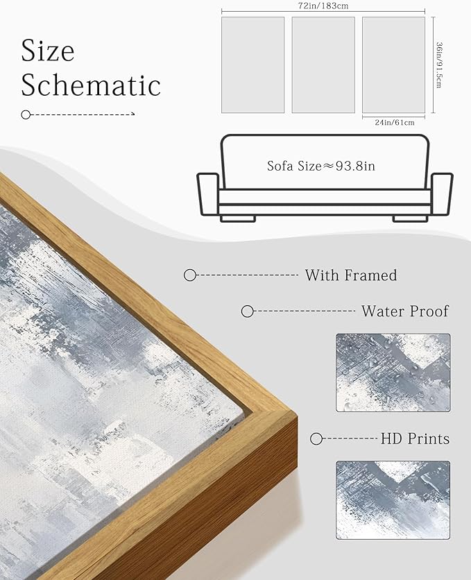 KUVIOKE Navy Blue and Gray Abstract Framed Canvas Wall Art Brush Strokes Block Shape Pastel Wall Decor Modern Minimalist Art Painting Home Decor 24x36in (Natural Framed)