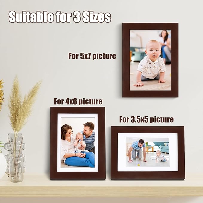 Egofine 5x7 Picture Frames Made of Solid Wood with Plexiglass, Display Pictures 3.5x5/4x6 with Mat or 5x7 Without Mat Set of 4 for Tabletop and Wall Mounting, Walnut Color
