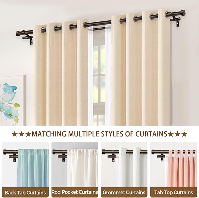 KAMANINA 1 Inch Double Curtain Rod 36 to 72 Inches (3-6 Feet), Bronze Heavy Duty Curtain Rods for Windows, Telescoping Double Drapery Rods with End Caps