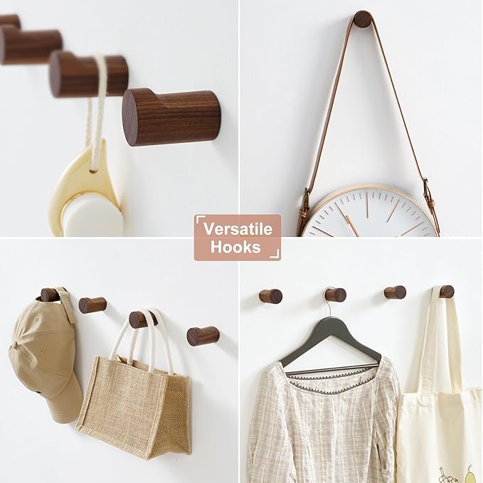 Wood Wall Hooks for Hanging, 6 Pack Rustic Coat Hooks Wall Mount, Handmade Wooden Pegs Hat Hook, Entryway Walls Hanger for Coat Purse, Boho Bathroom Towel Rack (Walnut Wood)