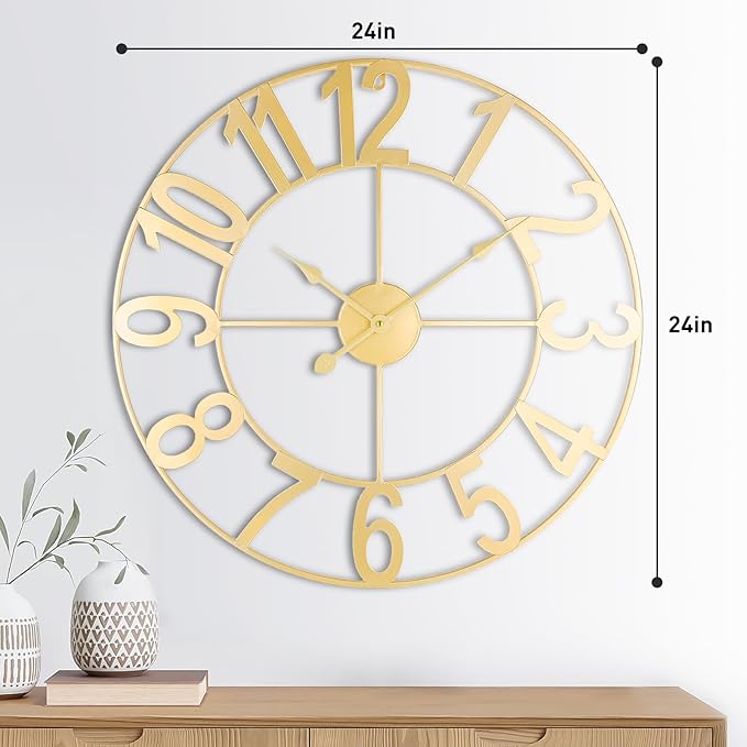 Large Wall Clock for Living Room Decor - 24 inch Big Decorative - Metal Wall Art - Analog Large Clock for Bedroom, Home, Kitchen, Office, Wall Decor