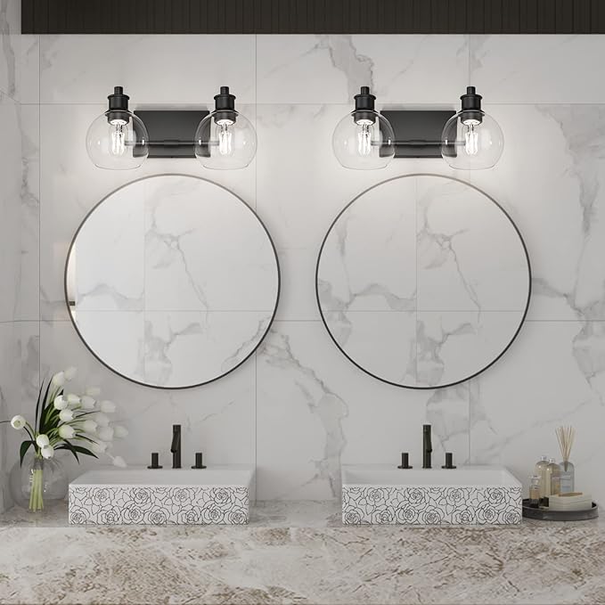 Tipace 2 Lights Industrial Bathroom Vanity Light Fixtures Over Mirror Black Vintage Vanity Lights with Globe Clear Glass Farmhouse Wall Sconces Fixture(Exclude Bulb)