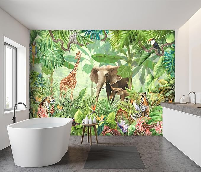 -Green Rainforest Plants Animals Tiger Cloth Wallpaper Jungle Plants Banana Leaves Boys Girls Kindergarten Children's Room Large Mural- 137"x96"（ not Peel and Stick）