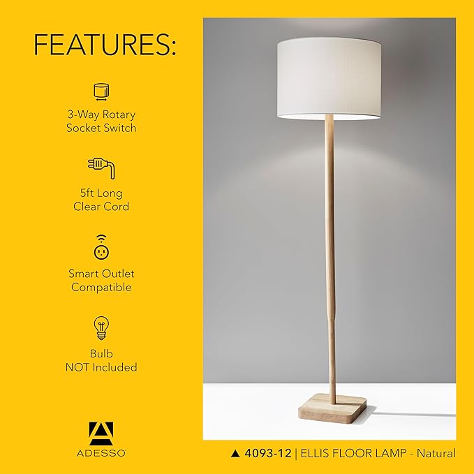 Adesso Floor Lamp with Natural Rubberwood Base and White Linen Lampshade – 3-Way Adjustable Brightness, Lamp for Bedroom, Living Room, and House Décor, 58.5” x 16”