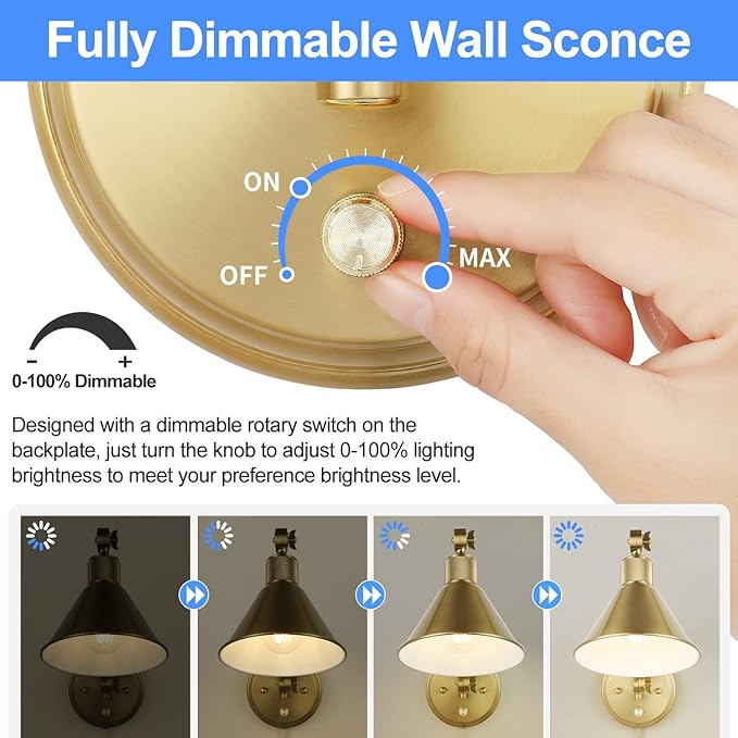 TRLIFE Wall Sconce Plug in, Dimmable Wall Sconces Set of 2 Wall Lights with Plug in Cord and Dimmer On/Off Knob Switch, Brushed Brass Swing Arm Wall Light, UL Listed(2 Pack, 2 Bulbs)