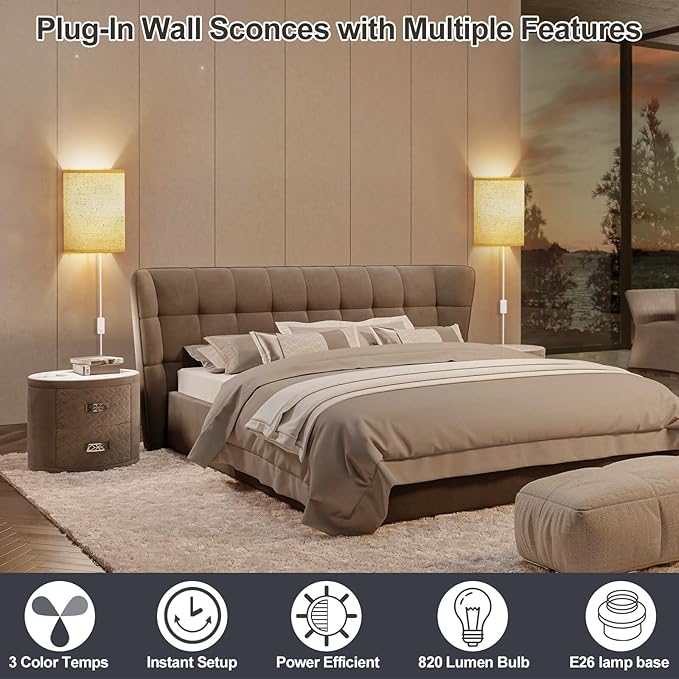 Plug in Wall Sconces Set of Two: Wall Lights with On/Off Switch - Stepless Color Temperature Wall Mount Lamps - Fabric Linen Wall Sconce for Bedroom Living Room & Hallway- Indoor Corded Wall Sconces