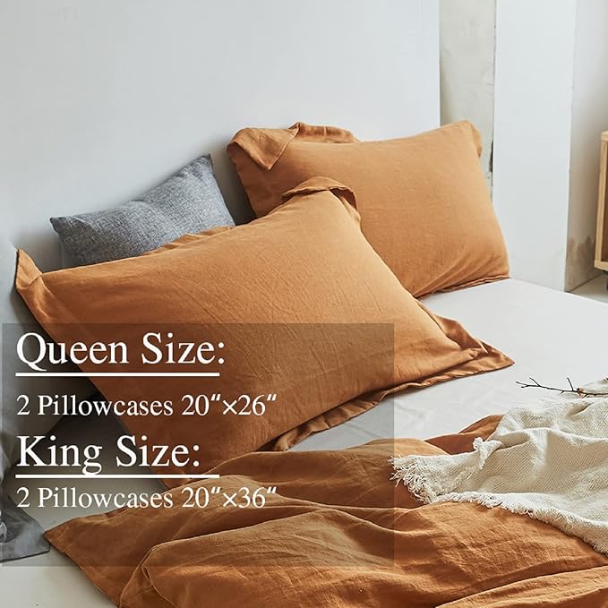 Simple&Opulence 100% Linen Pillow Case Queen Size Set of 2, Rust Pillow Covers with Overlap Closure, Luxury Breathable Pillowcases Protectors Suitable for All-Season (20" X 26", Rust)
