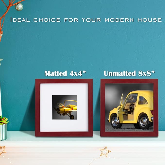 Egofine 8x8 Picture Frames 4 Pack for Picture 4x4 with Mat or 8x8 whitout Mat Made of Solid Wood Covered by Plexiglass for Table Top Display and Wall Mounting Photo Frame, Cherry Red