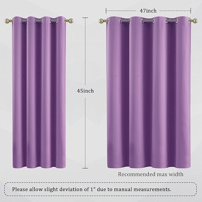 DUALIFE Purple Curtain Panels for Girls Room 45 inch Length Solid Energy Efficient Room Darkening Bedroom Curtains for Short Windows Thermal Insulated Grommet Top 52 x 45 inch