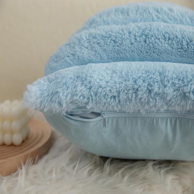 Neelvin Blue Faux Fur Cozy Soft Striped Decorative Throw Pillow Covers 12x20 inch Set of 2,Velvet Pillowcase Cushion Case for Sofa Couch