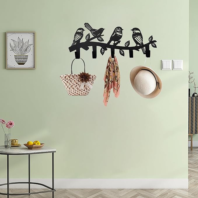 Metal Bird Coat Hooks Wall Art Decor-Bird Hangers and Key Holder-Animal Theme Hooks Sweet Home Decor for Storage, Living Room, Hallway, Office (Black)